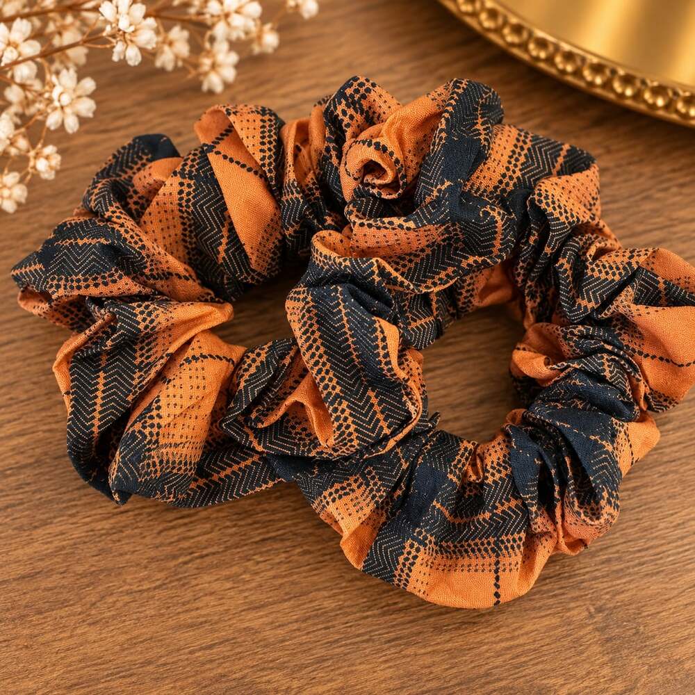 Plaid Flannel Orange Black Scrunchie Fall Hair Accessory